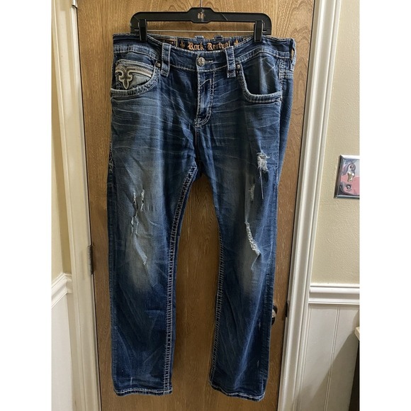 Rock Revival Jeans Mens Navid Straight 36 Blue Denim Distressed Vintage Y2K - Picture 1 of 13